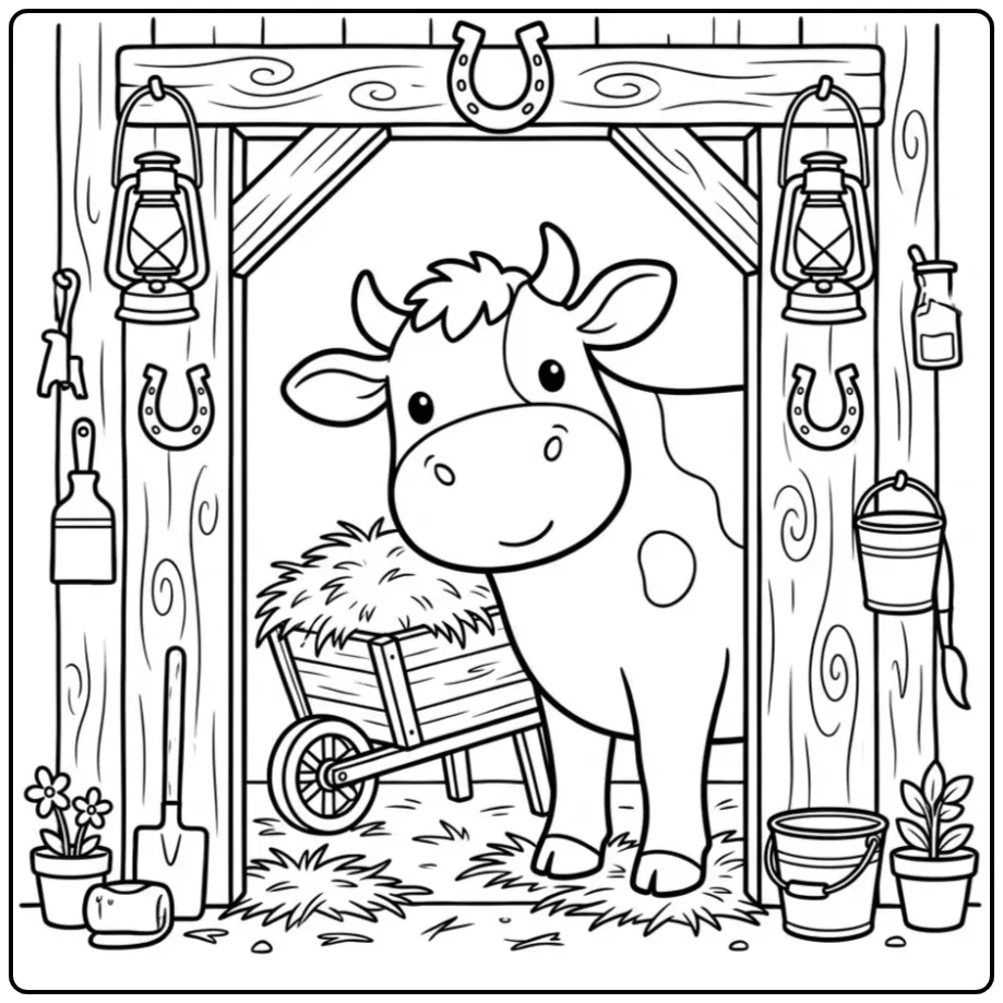 Cheerful Cow in the Stable Doorway coloring page