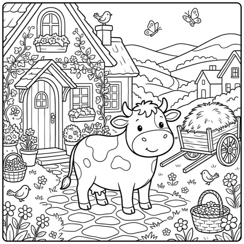 Cheerful Cow in a Village with Stone Path coloring page