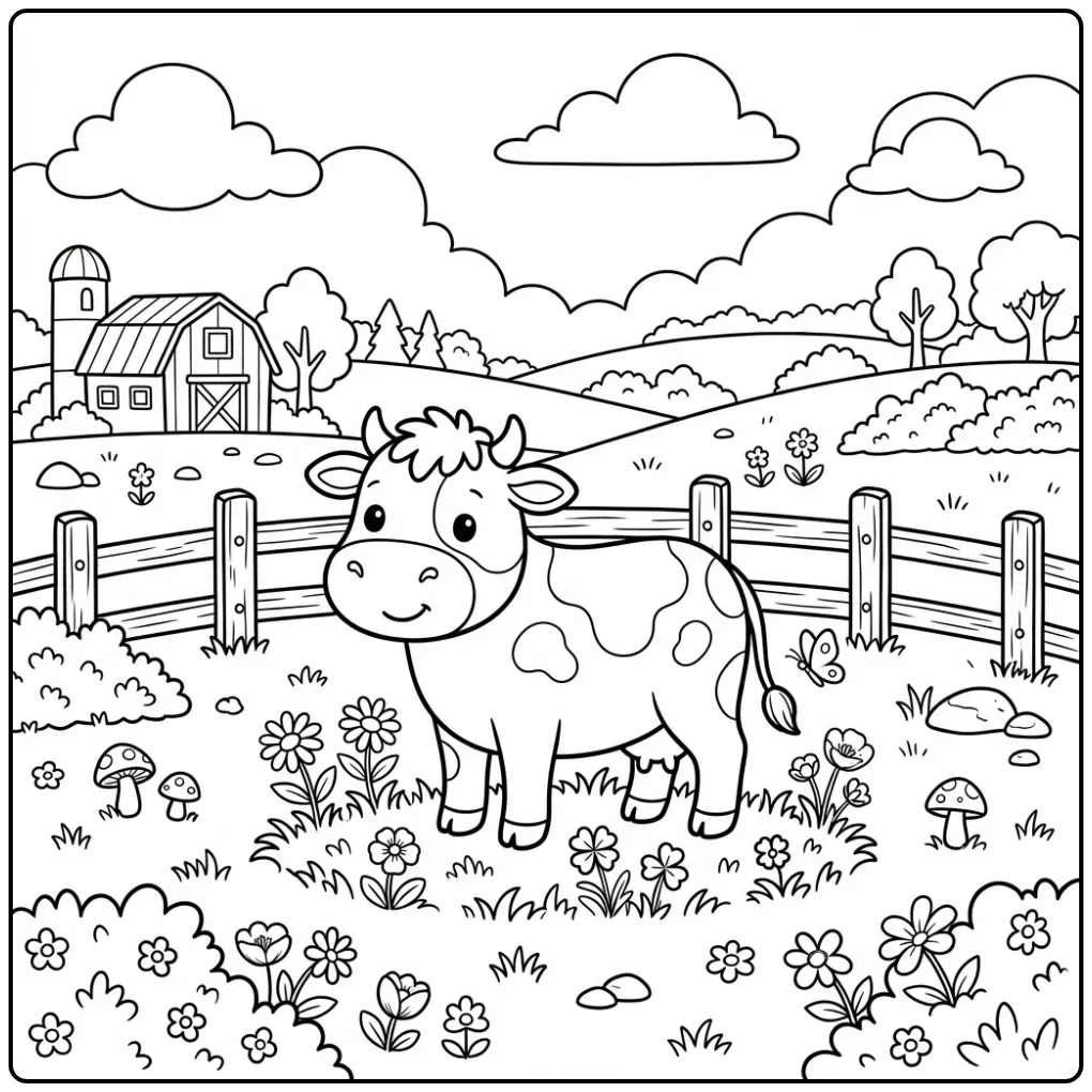 Cheerful Cow in a Meadow on a Farm coloring page