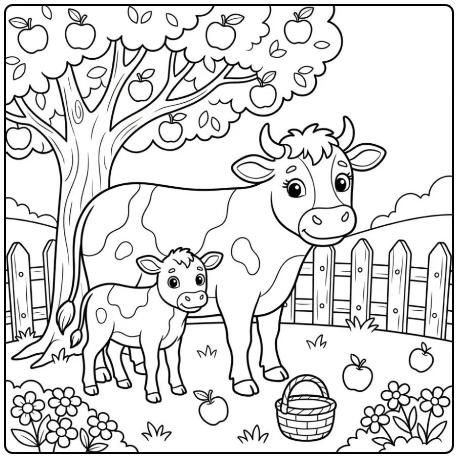 Cheerful Cow and Calf with an Apple Tree coloring page