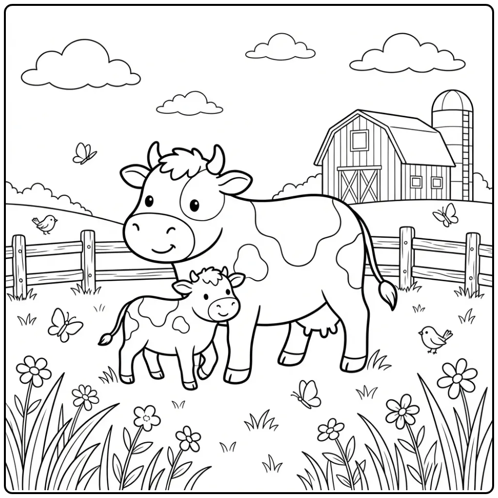 Cow coloring page walking with her calf in a meadow