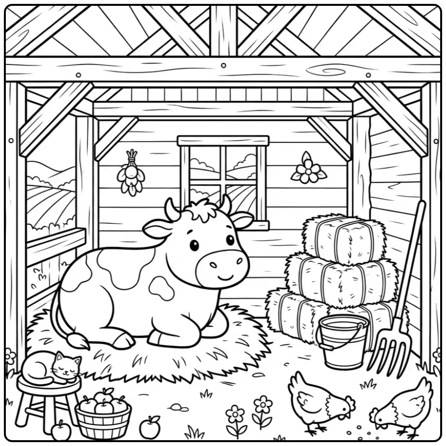 Cheerful Cow on Straw in a Farm Stable coloring page