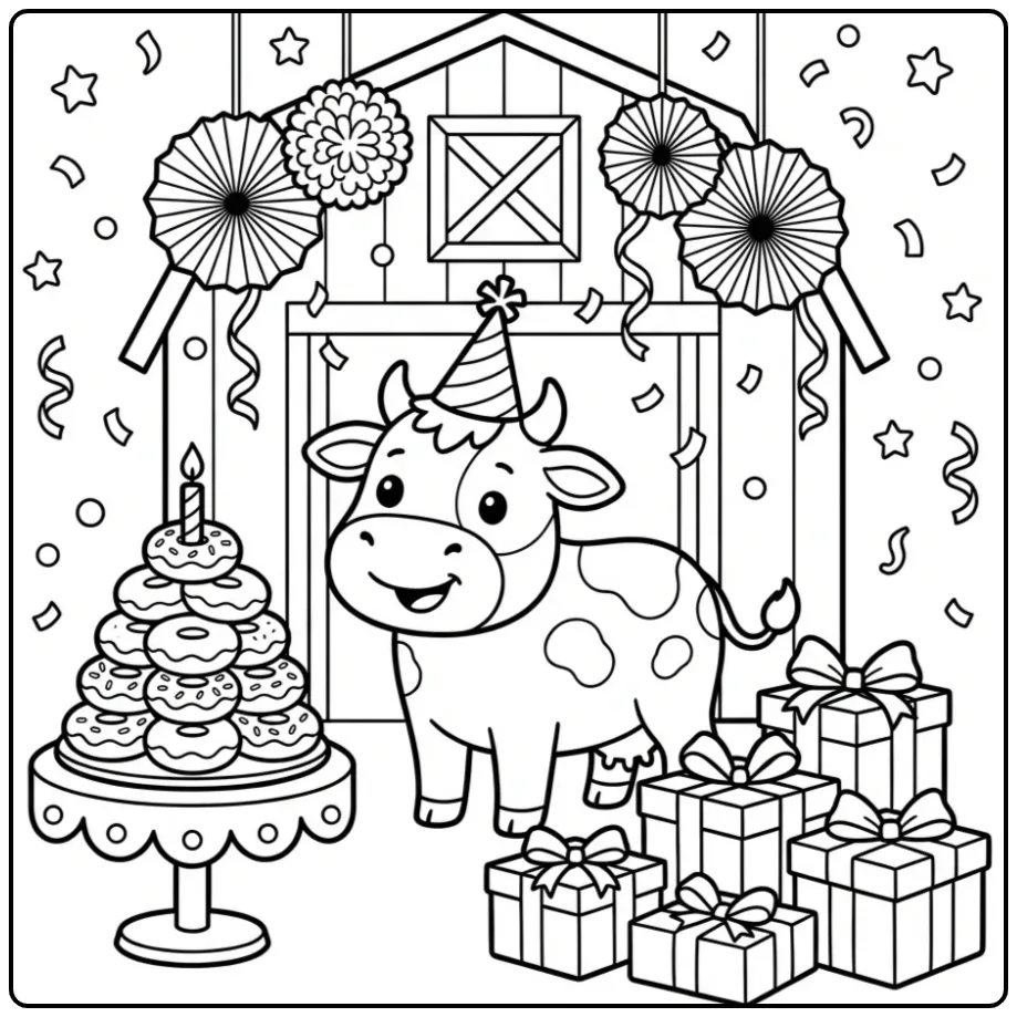 Cheerful Cow Birthday with Decorations coloring page
