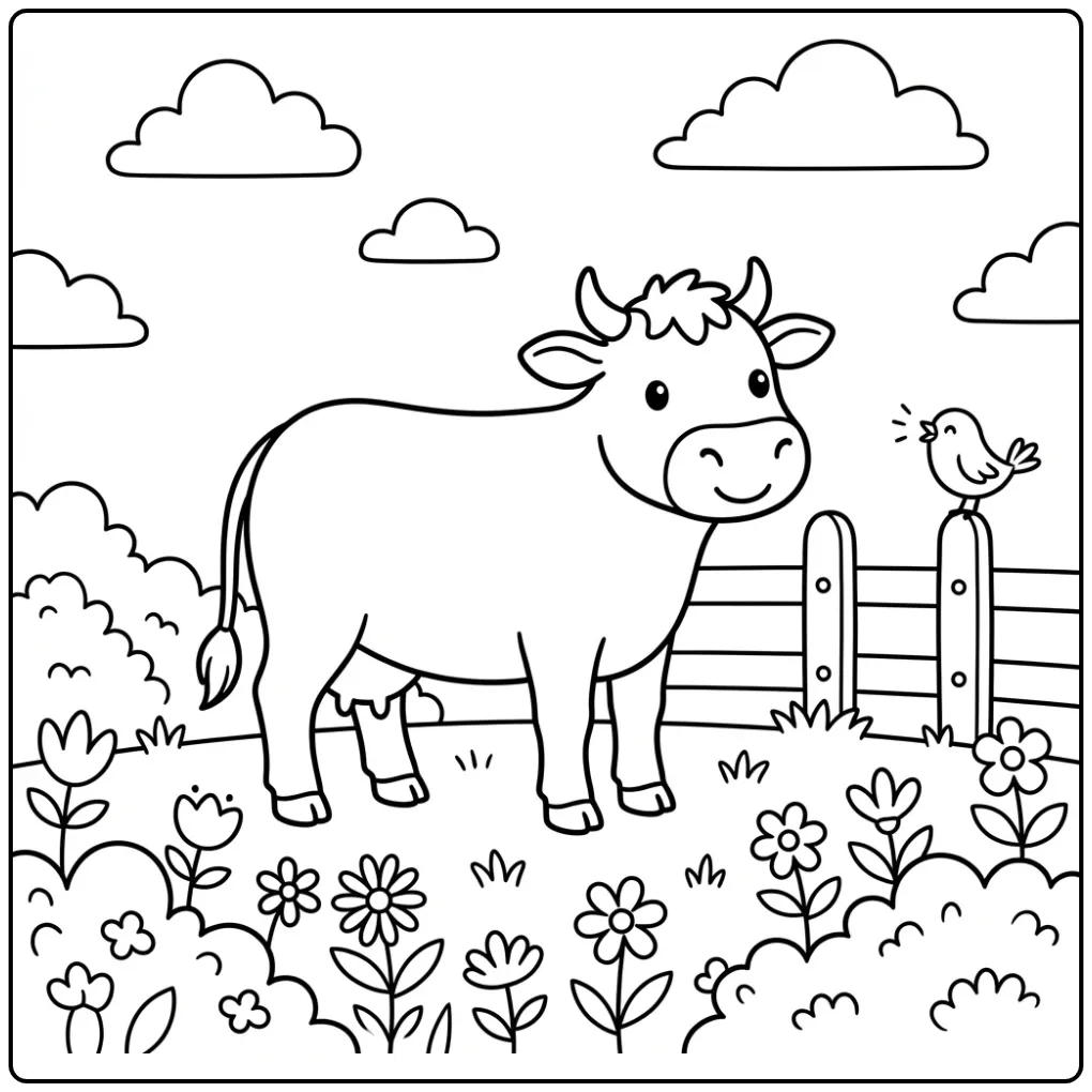 Cheerful Cow Without Spots with Flowers coloring page