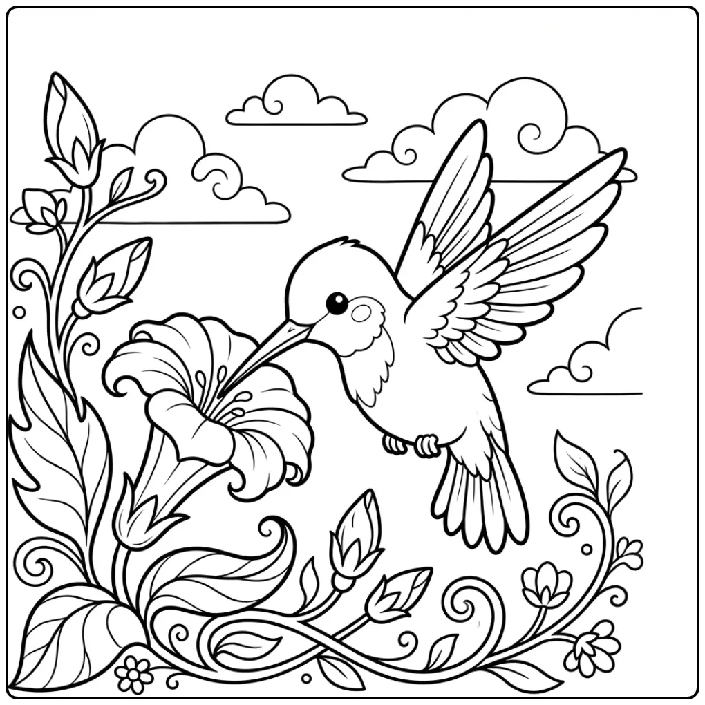 Hummingbird coloring page by a large flower