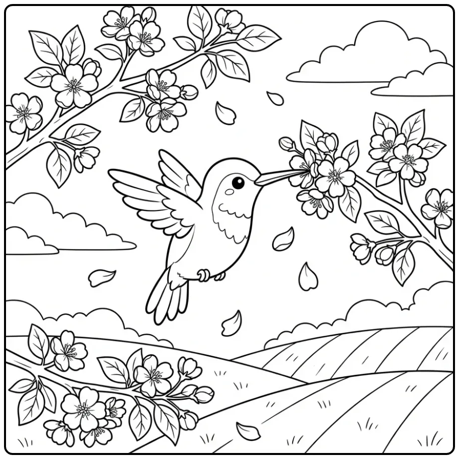 Cheerful Hummingbird in a Spring Orchard coloring page