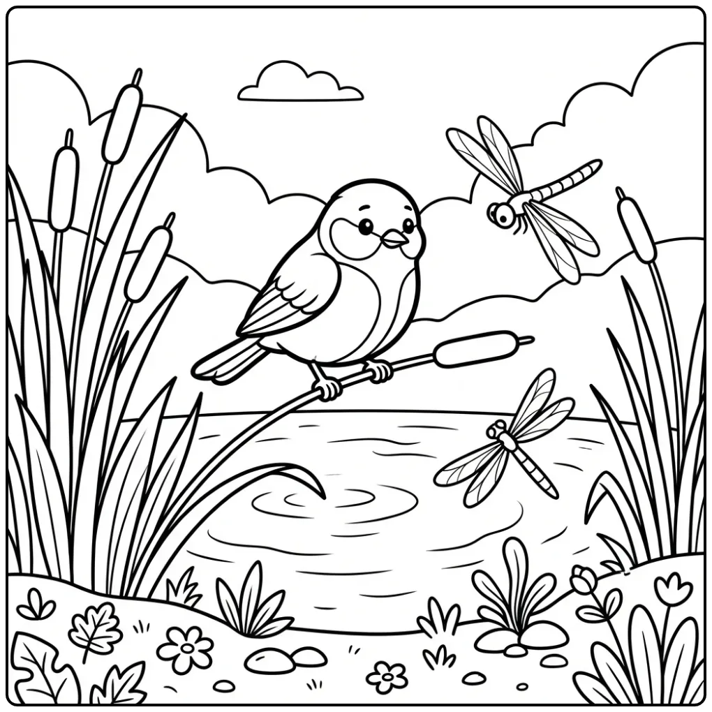 Cheerful Great Tit with Dragonfly and Reeds coloring page