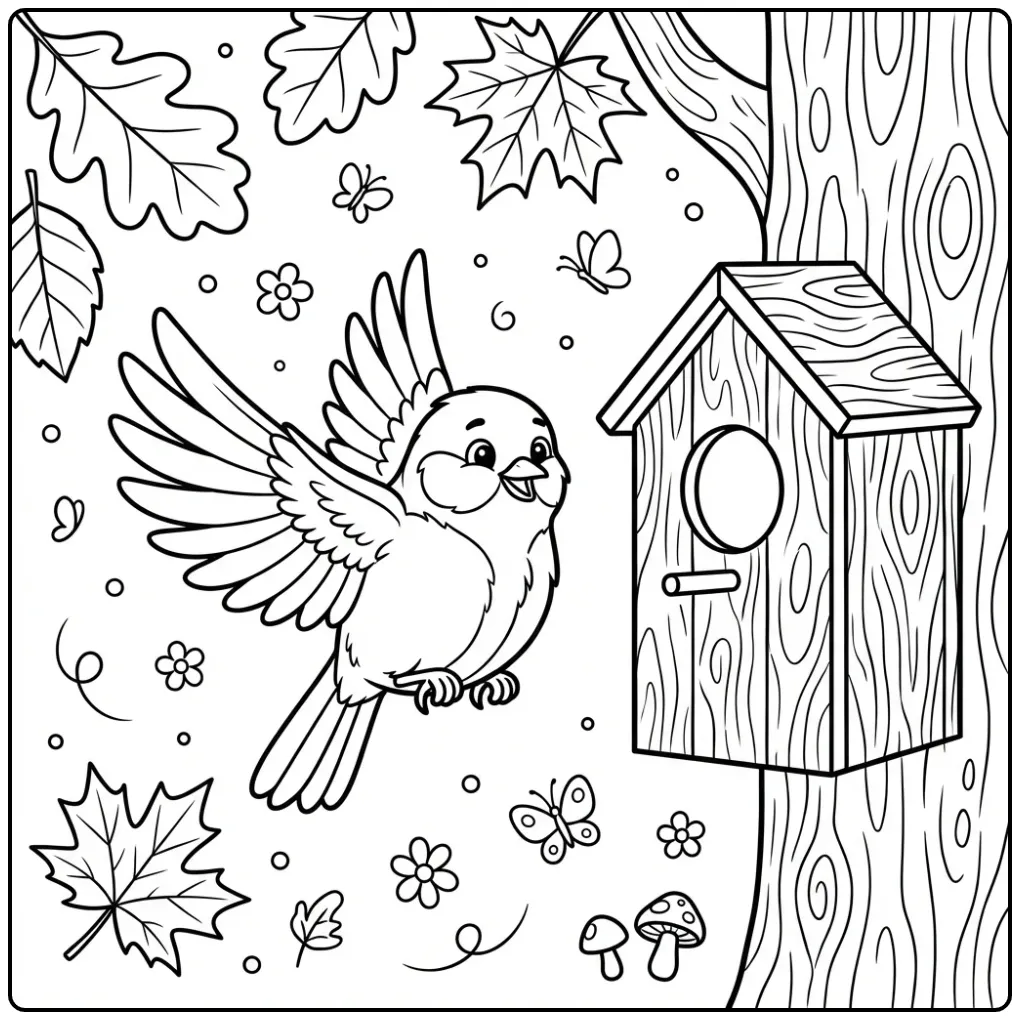 Cheerful Great Tit Flying Toward a Birdhouse coloring page