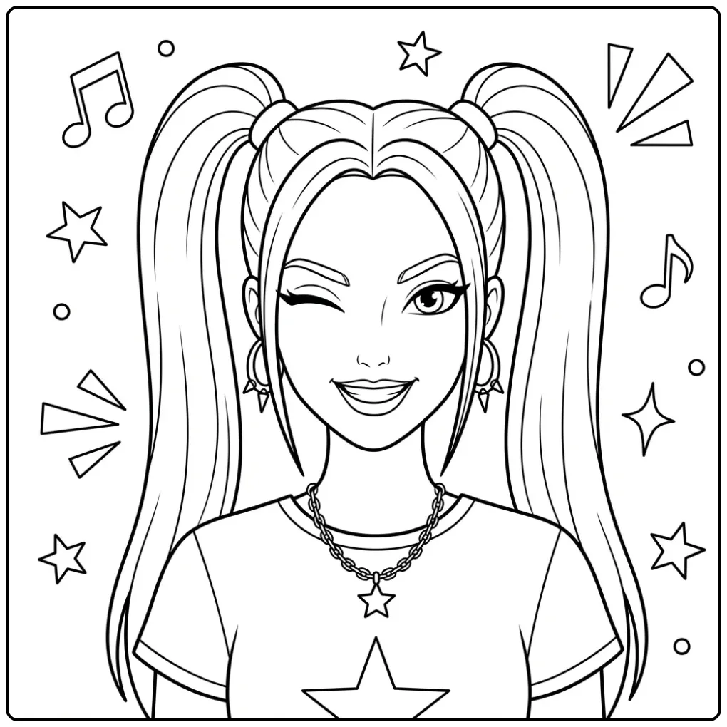 Cheerful KPop Demon Hunters Mira with Music coloring page