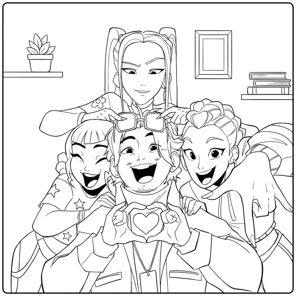 Cheerful KPop Demon Hunters Friend Group coloring page