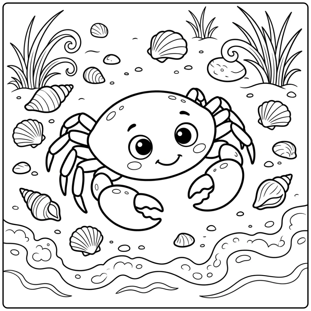 Cheerful Crab at the Coast with Shells coloring page