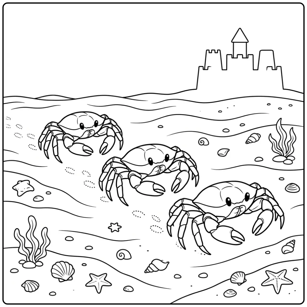 Crab coloring page with friends in a row on sand