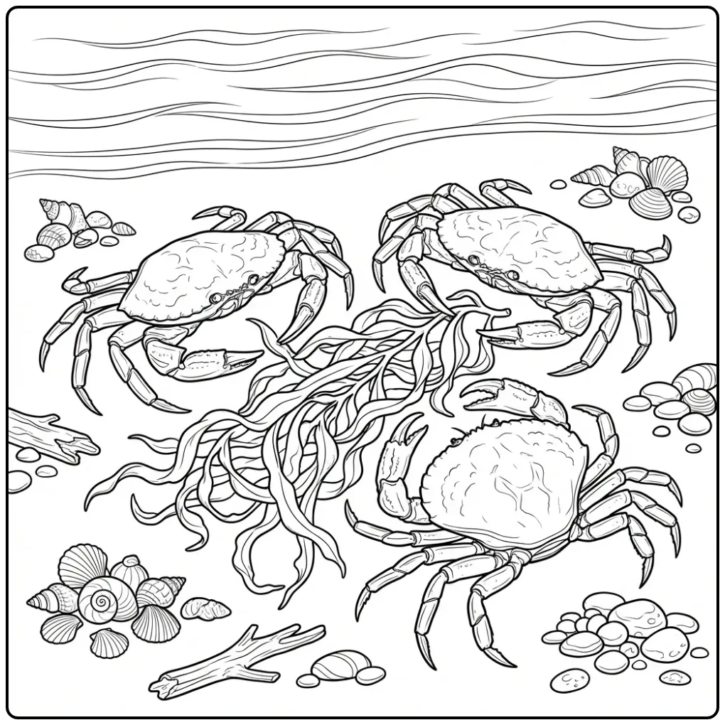 Cheerful Crab and Friends Finding Seaweed on the Beach coloring page