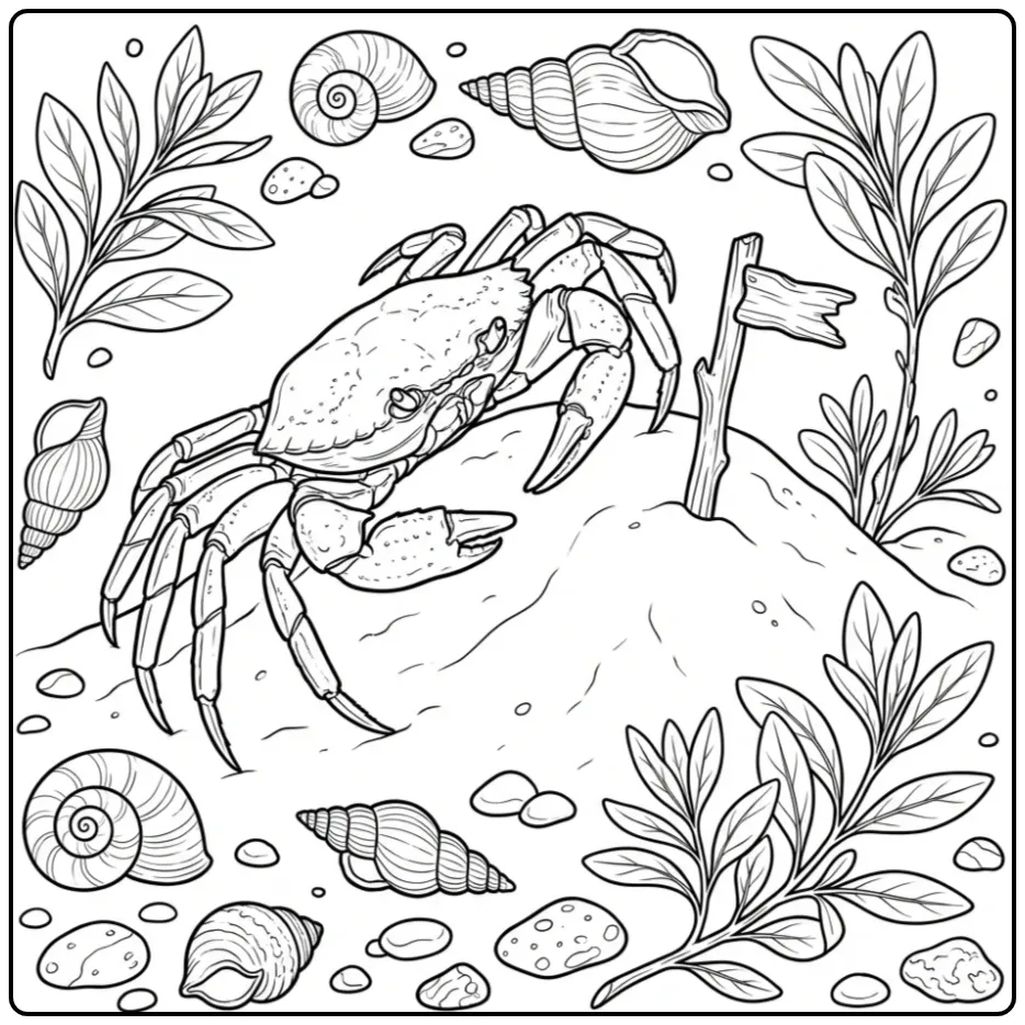 Cheerful Crab Climbing on Sand with Driftwood coloring page