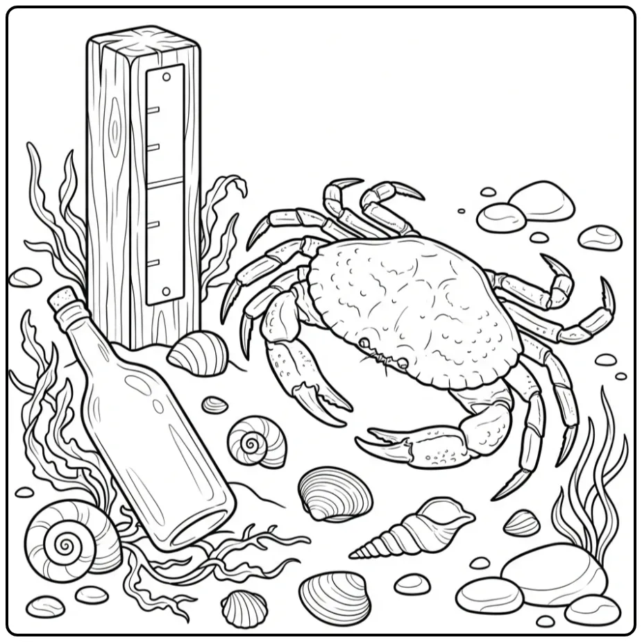 Cheerful Crab with Shells and Beach Finds coloring page