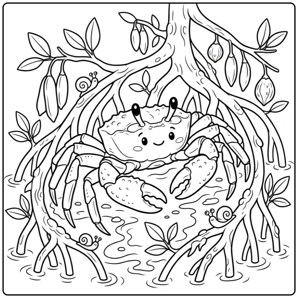 Cheerful Crab with Snails in the Mangrove coloring page