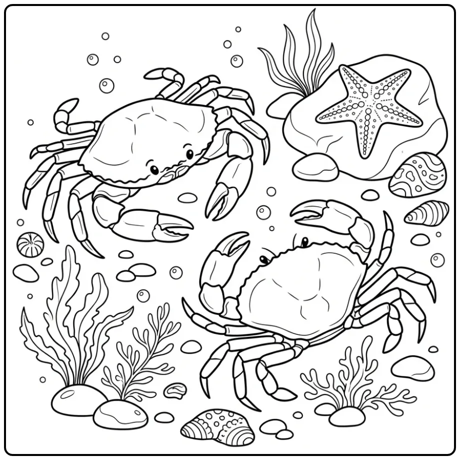 Cheerful Crab with Starfish and Shells coloring page