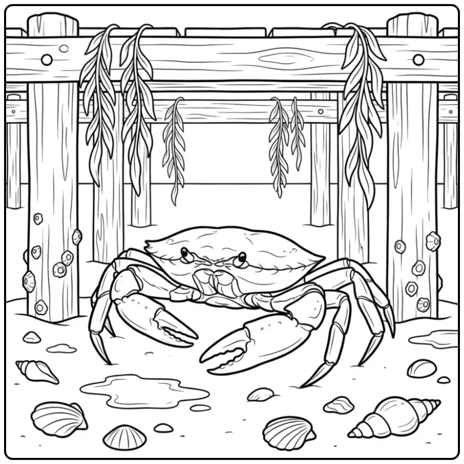 Cheerful Crab Under a Wooden Pier coloring page