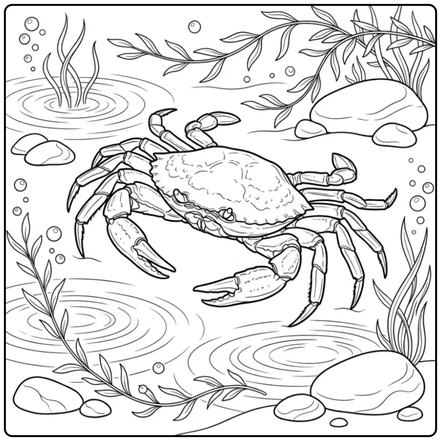 Cheerful Crab Among Seagrass and Water Bubbles coloring page