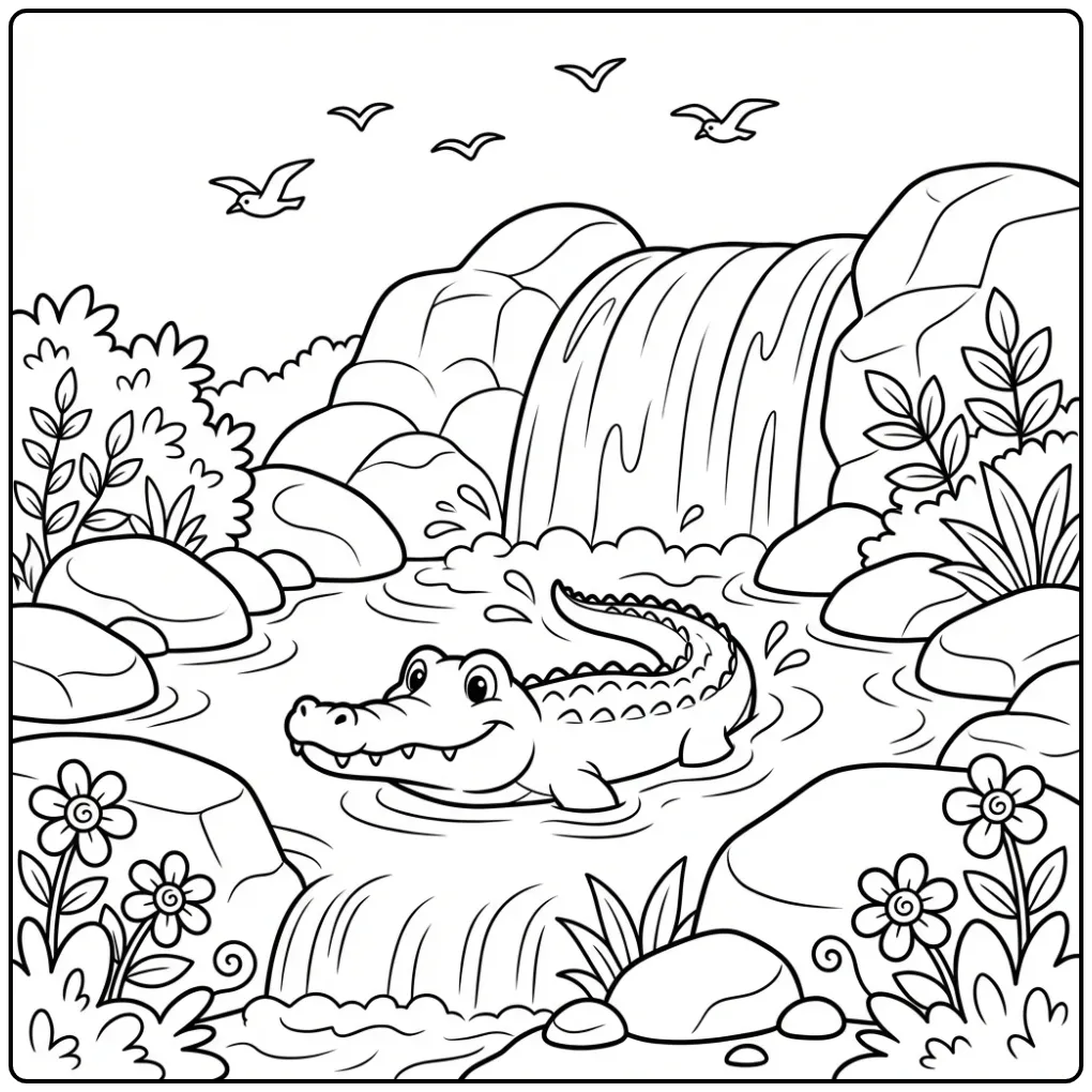 Crocodile coloring page featuring a crocodile at a waterfall pool