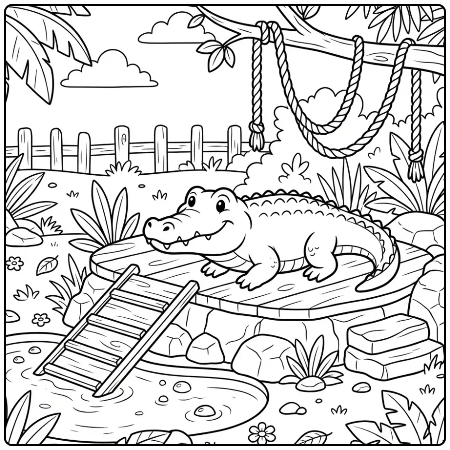 Crocodile coloring page showing a crocodile in a zoo habitat