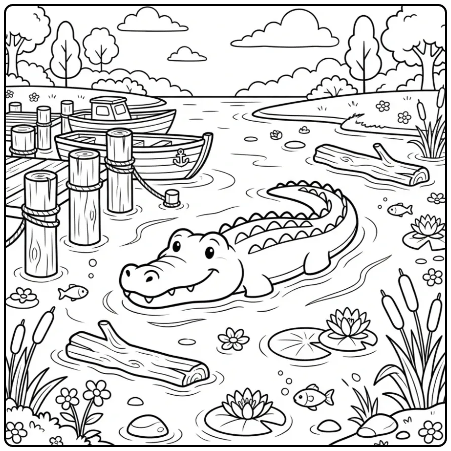 Crocodile coloring page showing a crocodile floating in a calm river