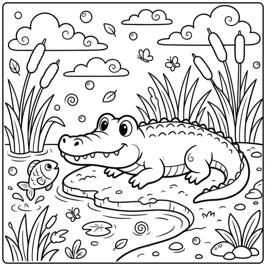 Crocodile coloring page featuring a crocodile in a river bend