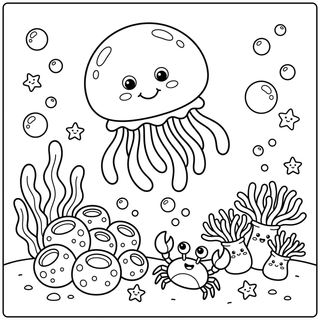 Jellyfish coloring page looking at a crab underwater