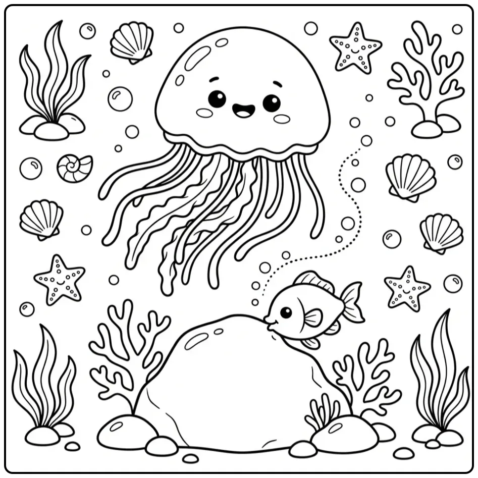 Cute jellyfish coloring page by a rock with a small fish and bubbles