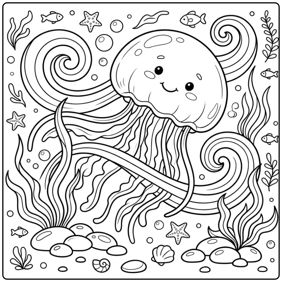 Cute jellyfish coloring page with bubbles and seaweed