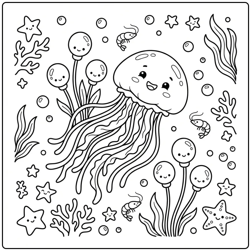 Cute jellyfish coloring page among sea lanterns