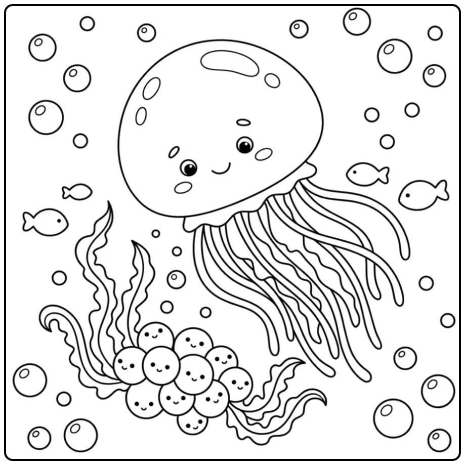 Cute jellyfish coloring page guarding eggs among seaweed