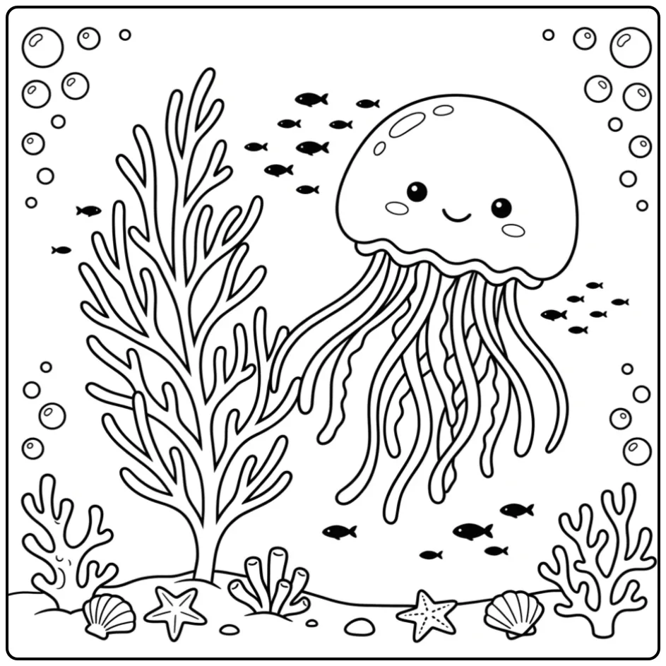 Cute jellyfish coloring page floating beside a large sea fan
