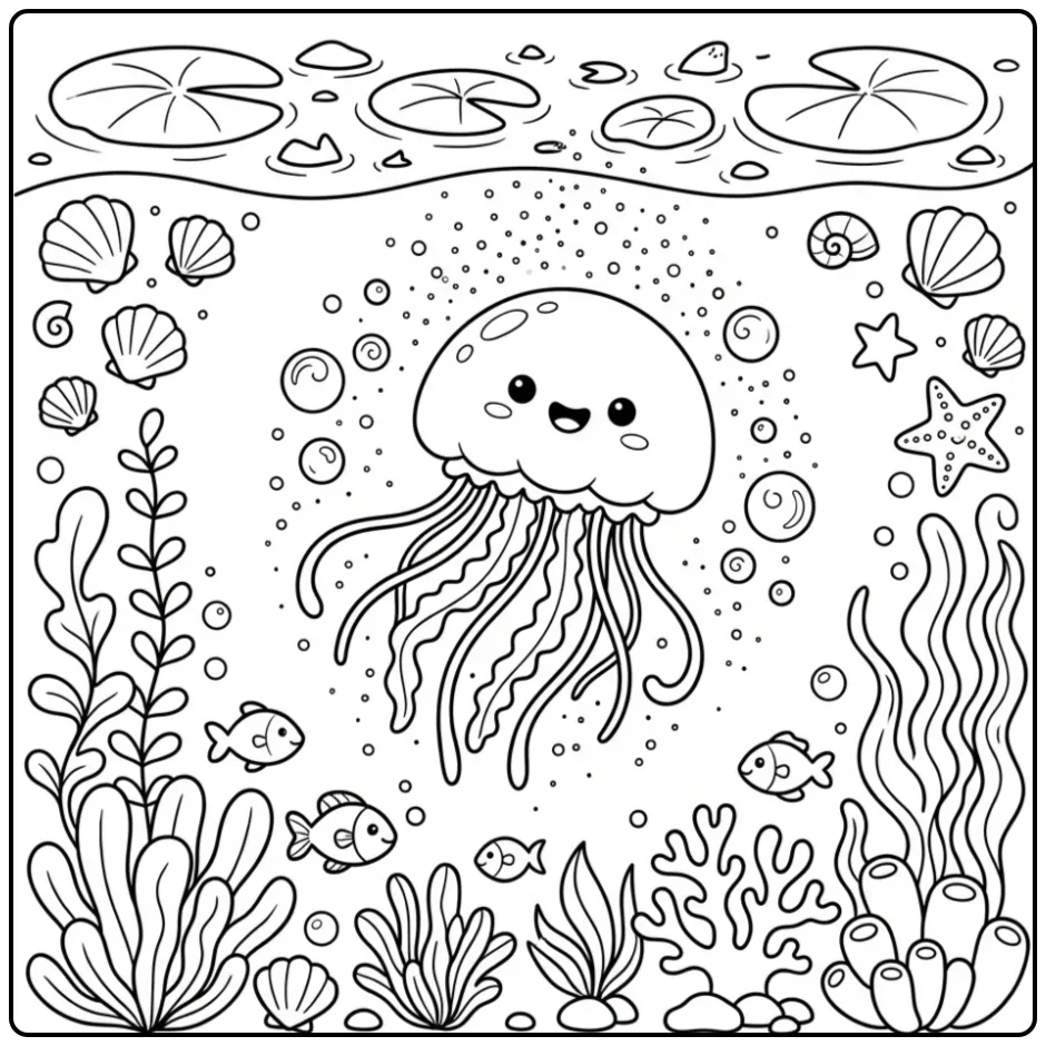Cute jellyfish coloring page with bubbles and sea plants