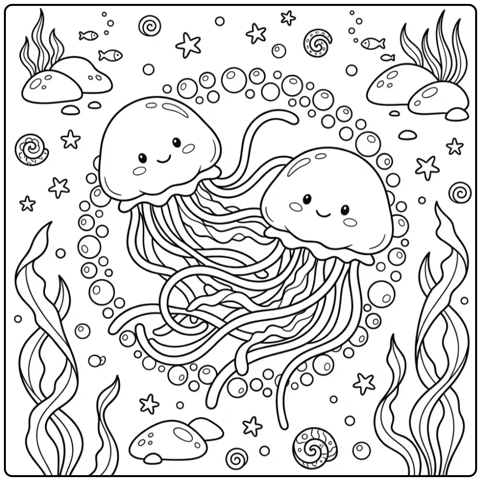 Jellyfish coloring page with two swimming friends