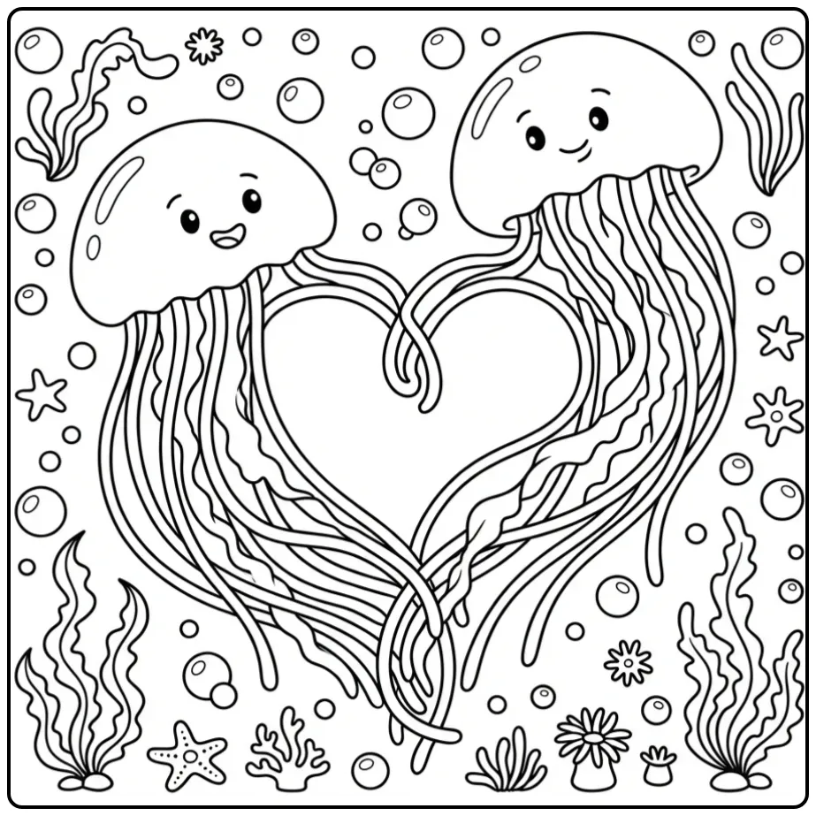 Cute jellyfish coloring page with a friend in a heart shape