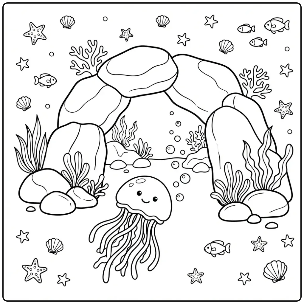 Jellyfish coloring page by a cave with stones and seaweed