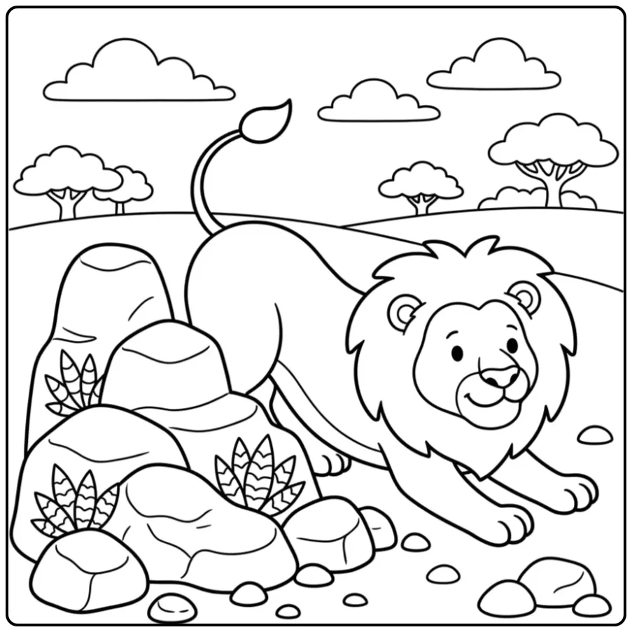 Cute lion coloring page stretching after a nap