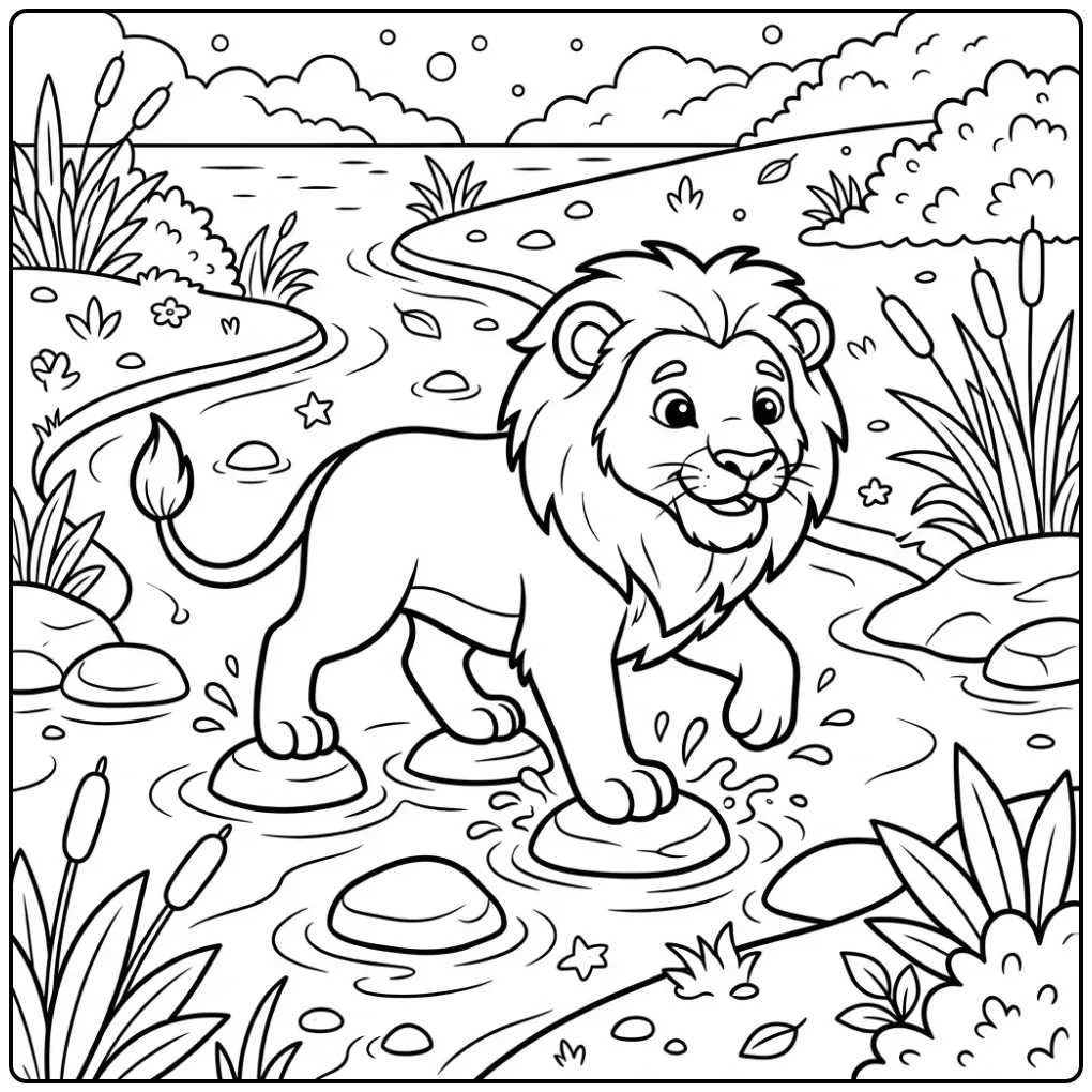 Lion coloring page crossing a river on stepping stones