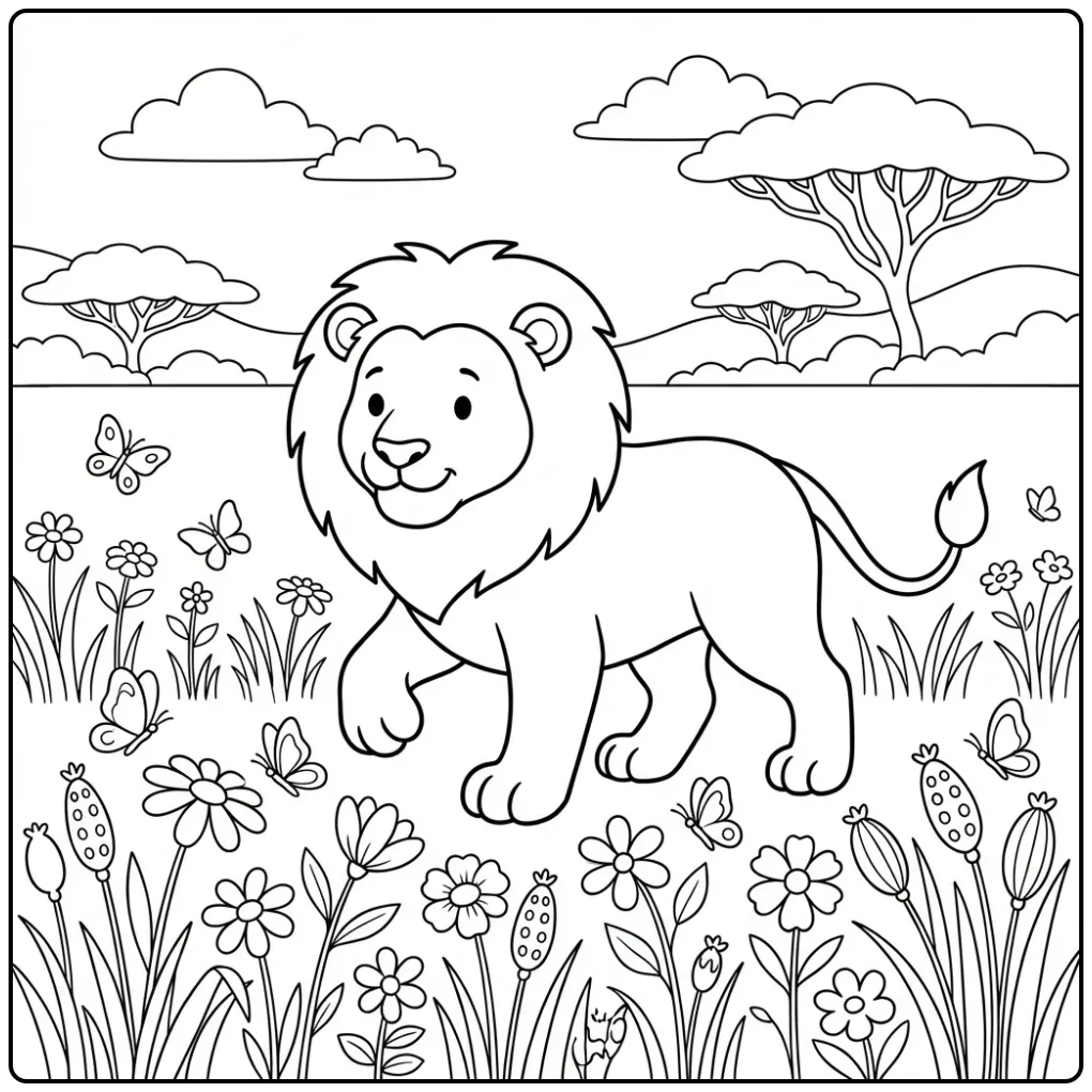 Cute lion coloring page walking among flowers
