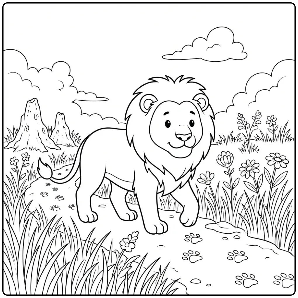 Cute lion coloring page walking on the savanna
