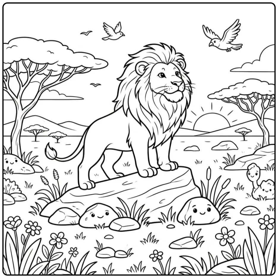 Majestic lion coloring page on a rock in the savanna