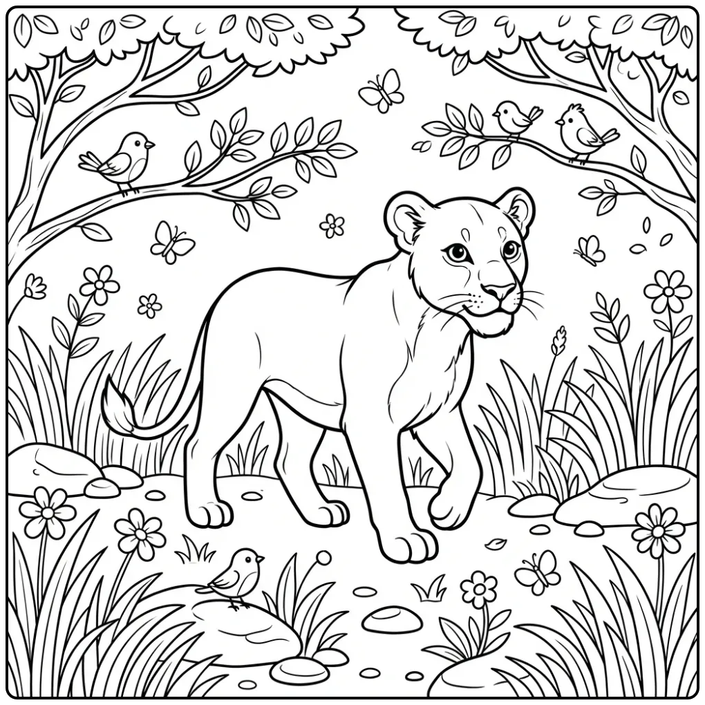 Cute lioness coloring page walking through tall savanna grass