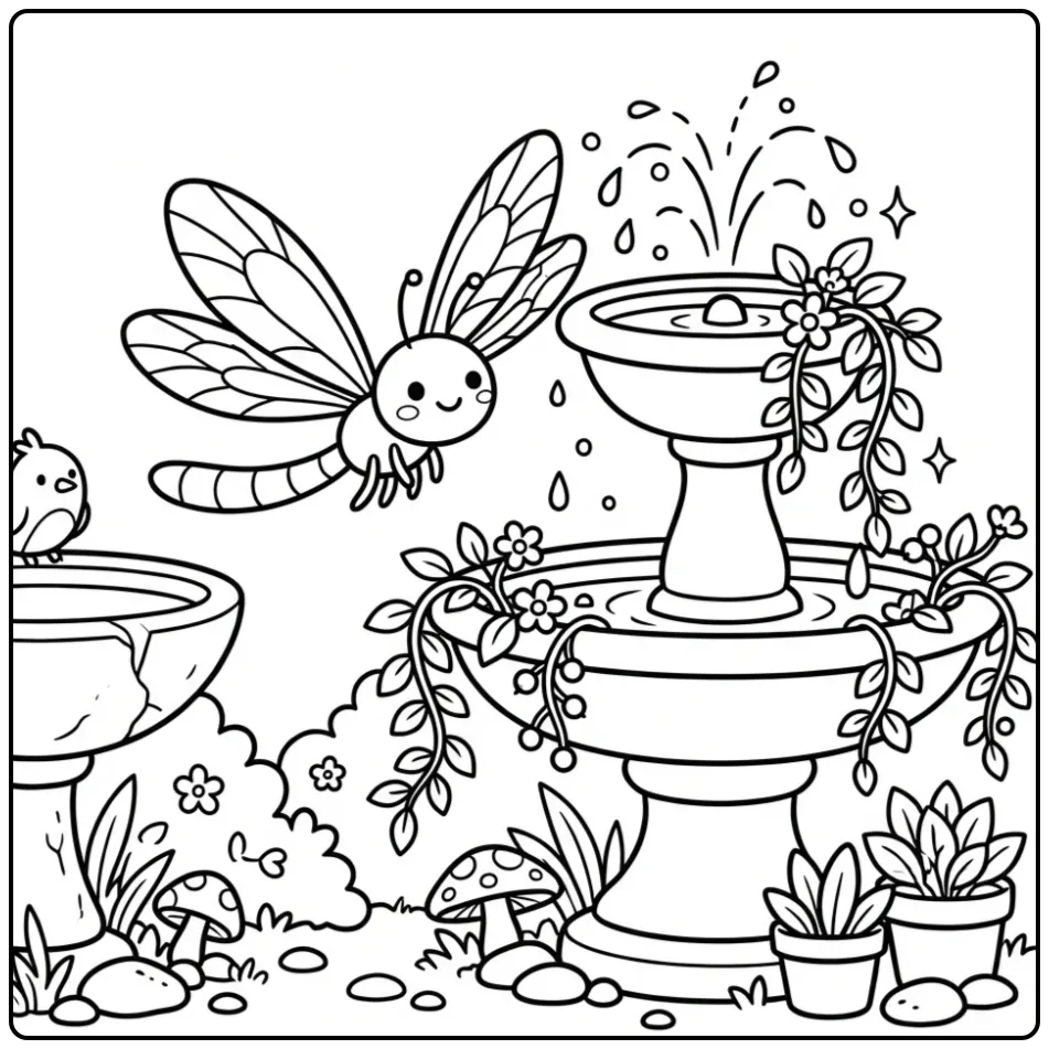 Dragonfly coloring page by a fountain and flowers