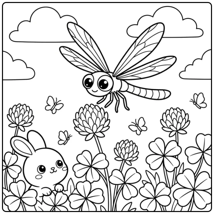Dragonfly coloring page flying above a clover field
