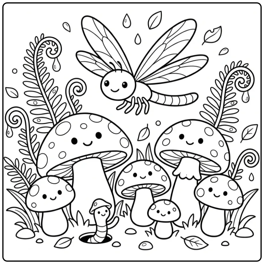 Dragonfly coloring page by mushrooms and ferns