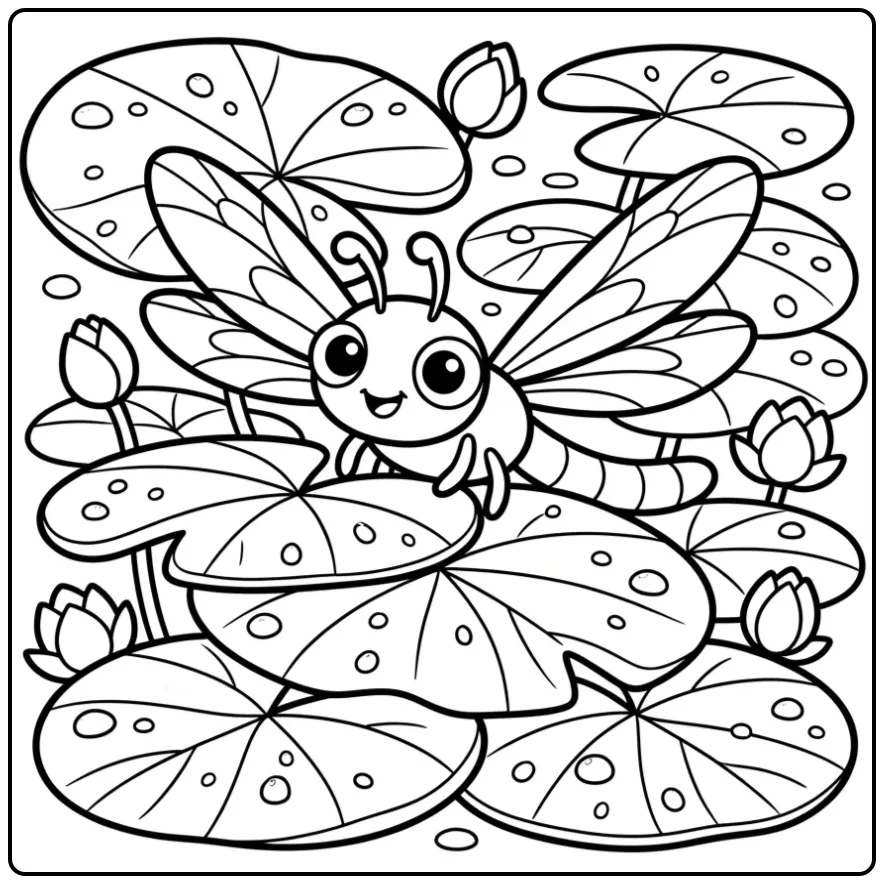 Dragonfly coloring page between lotus leaves