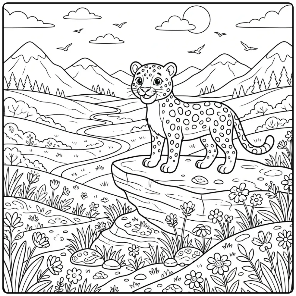 Cheerful Leopard in a Valley with Flowers coloring page