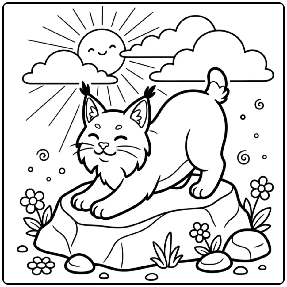 Lynx coloring page stretching on a rock