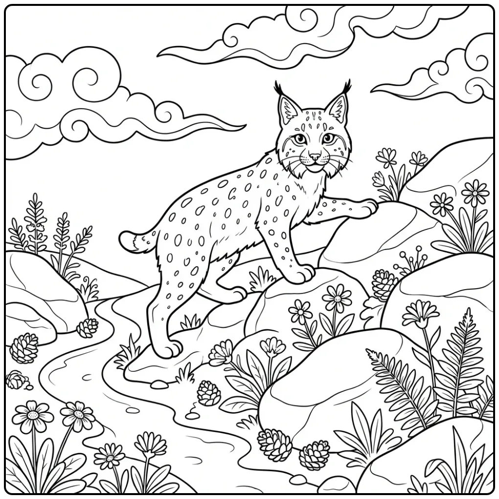 Lynx coloring page climbing a rocky hill